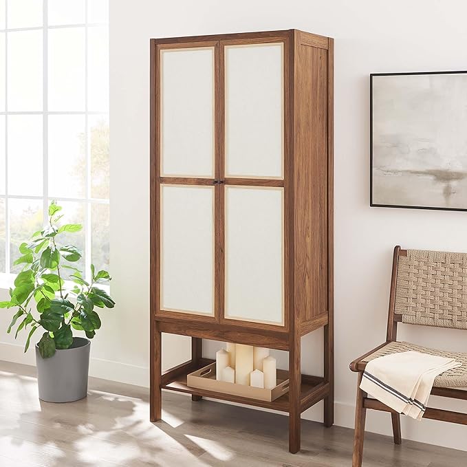 Modway Capri Mid-Century Modern Tall Standing Storage Cabinet in Walnut, Freestanding Cabinet with Doors for Living Room, Dining Room, Craft Area, Entryway and Hallway