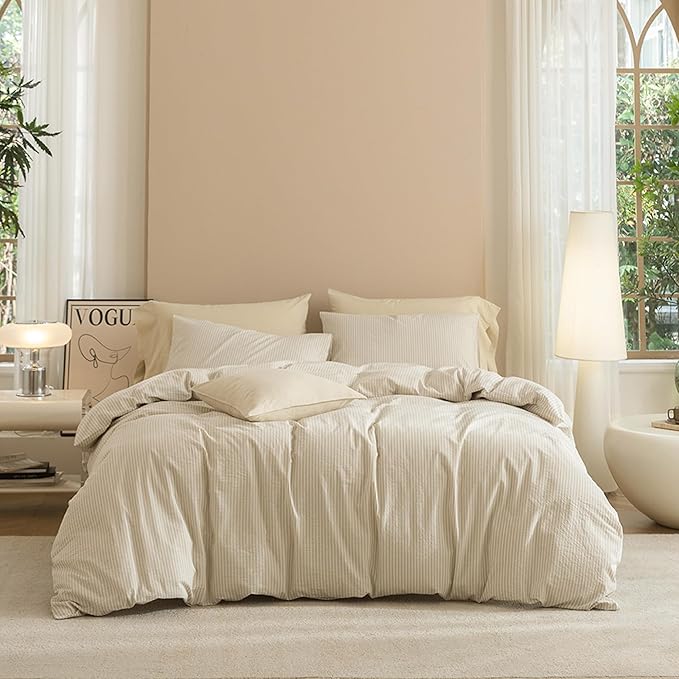 JIYUAN 100% Washed Cotton Striped Duvet Cover Set 3 Pieces Queen, 1 Duvet Cover and 2 Pillowcases(Comforter Not Included),Linen Like Bedding Set Comfy and Breathable,Pinstripes-Heathered Beige White