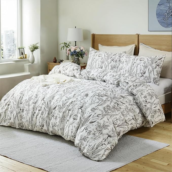100% Cotton Duvet Cover Queen Size – Vintage Botanical Sketch Elegant Taupe Floral Duvet Cover Set with Zipper Closure, 3-Piece Soft Breathable Natural Premium Cotton Bedding Set