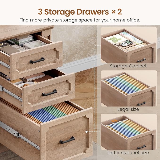 SEDETA Farmhouse 110.3" Two Person Desk with 7 Drawers, Long Computer Desk with Storage Cabinet, 2 Person Desk with Power Outlets for Home Office, Oak