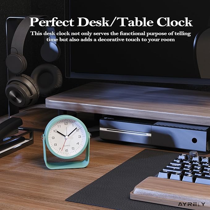 AYRELY® 3.5 Inch Small Analog Alarm Clocks,Battery Operated Desk Clock,Cute Table Clock with Light，Adjustable Angle for Travel,Bedside,Bedroom,Kids,Living Room Decor(Light Blue)