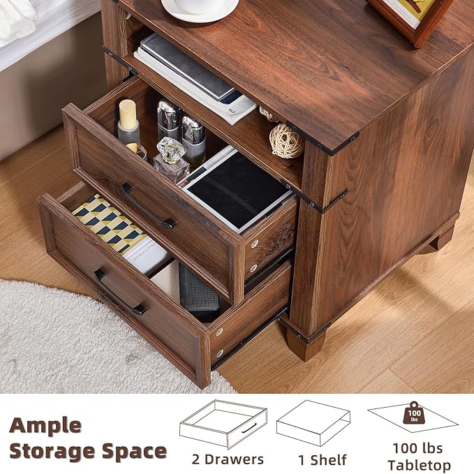22" Nightstand, Farmhouse Nightstand with 2 Drawers,Industrial Bedside Table with Open Shelf for Bedroom Living Room,Office Bed Side Tables Couch End Table,Brown