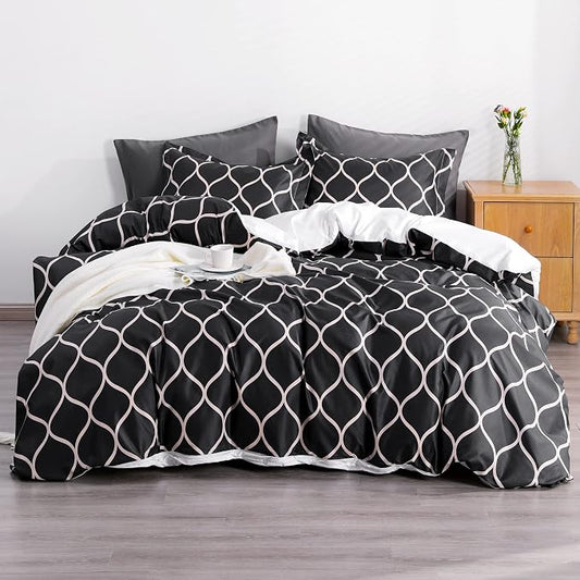 NTBAY 3 Pieces Duvet Cover Set Queen Size, Reversible Zipper Comforter Cover with 4 Corner Ties and 2 Pillow Shams, Soft Brushed Microfiber Comforter Cover Set with Black and Beige Curve Printed