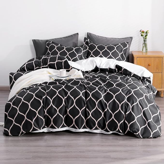 NTBAY 2 Pieces Curve Pattern Duvet Cover Set, Brushed Microfiber Soft Black and Beige Twin Duvet Cover Set, Reversible Zipper Comforter Cover with Ties and 1 Pillow Sham