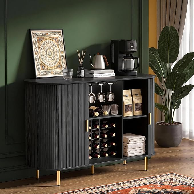 DHH 55" Wine Bar Cabinet with Storage, Fluted Liquor & Coffee Bar Cabinet with Wine Rack and Glass Holder, Buffet Sideboard with LED Lights for Home Kitchen Living Dining Room (Black)
