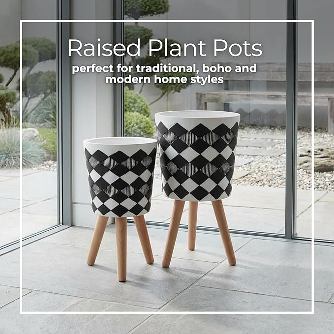 Resin Planter Stands Set – Plant Stand for Living Room or Patio Display for Greenery and Home Decor Styling, Geometric Mid-Century Design for Modern Outdoor Decor – 12" & 10", Black and White