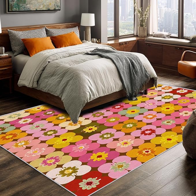 70s Floral Rugs 8x10, Retro Colorful Groovy Washable 8 x 10 Area Rug for Living Room, Bedroom, Low Pile Non Slip Stain Resistant Carpet, 70s Retro Home Decor Accessories & M848