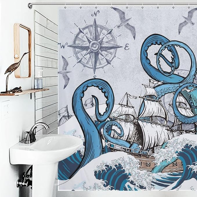 Nautical Octopus Shower Curtain,Navy Blue Funny Ocean Kraken Shower Curtains for Bathroom Anchor Coastal Map Waterproof Fabric Bath Curtain Decor with Hooks,72x78Inch