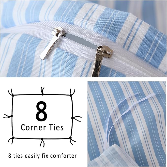 Merryword Blue and White Striped Duvet Cover Set Queen Size, 100% Cotton Linen Like Textured Bedding with Classic Vertical Stripes, Soft Lightweight Reversible Comforter Cover for All Seasons