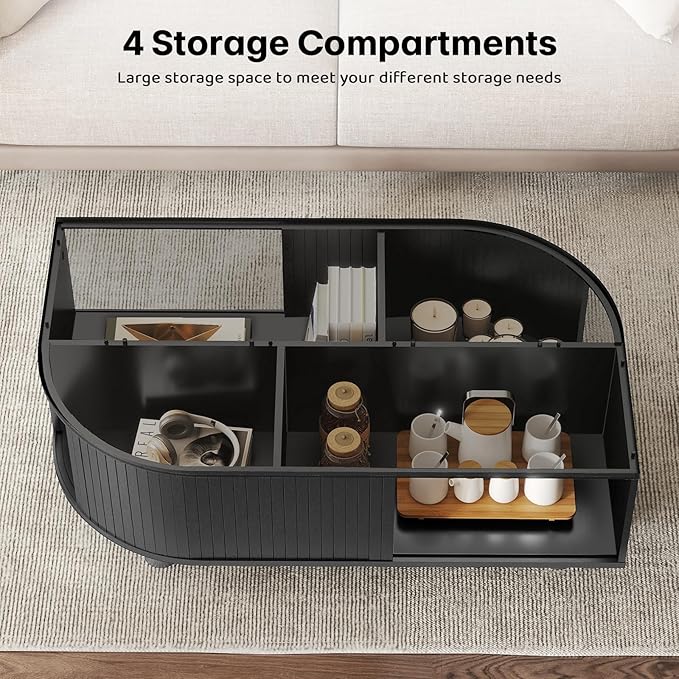 Modern 39.4" Coffee Table with Storage- Leaf-Shaped Wood Center Table with Storage, Retro Fluted Central Table with Sliding Door for Living Room, Office, Black