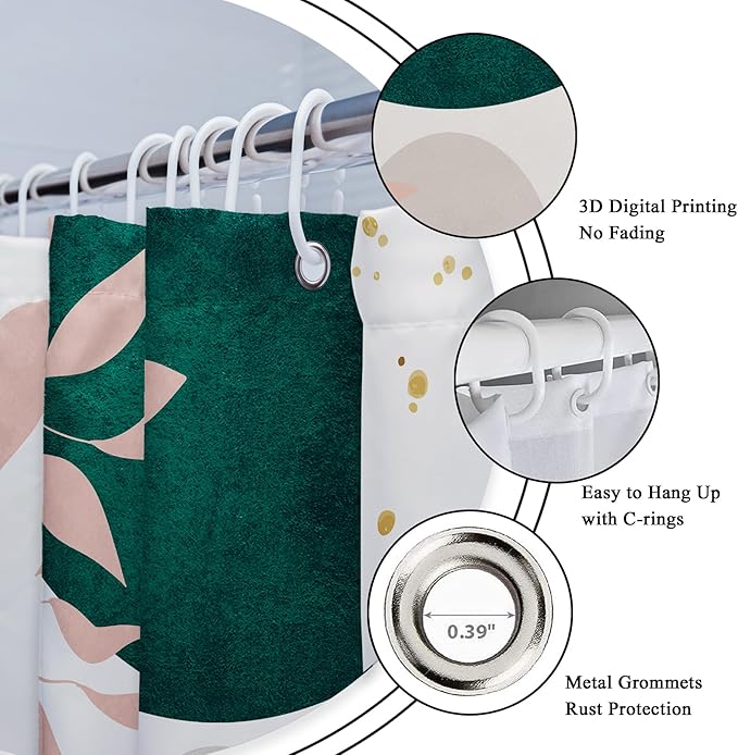 Riyidecor Sage Green Pink Boho Shower Curtain for Bathroom Decor 72Wx72H Mid Century Modern Leaves Contemporary Bohemian Arch Art Printed Fabric Polyester Waterproof 12 Pack Plastic Hook