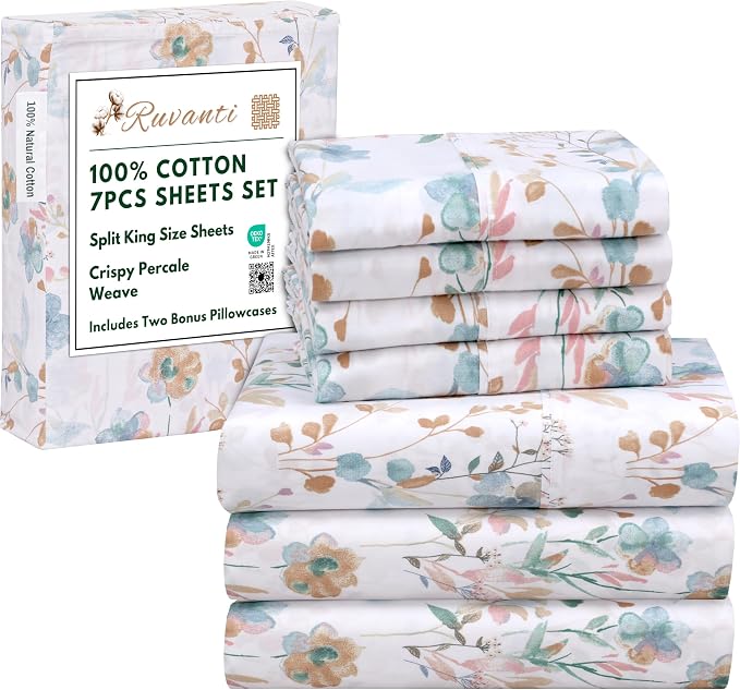 RUVANTI 100% Cotton Percale Sheets Split King Size 7 Piece Set, Cooling Bed Sheets for Hot Sleepers, Deep Pocket 16”, Breathable Lightweight & Durable, Crisp Hotel Style Sheets, Radiant
