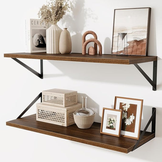 Deep Floating Shelves for Wall,30" Wx10 D Wood Floating Shelf Set of 2,Sturdy Metal Bracket Wide Display & Storage,Wall Mounted Hanging Floating Shelves for Living Room,Bedroom,Kitchen,Walnut