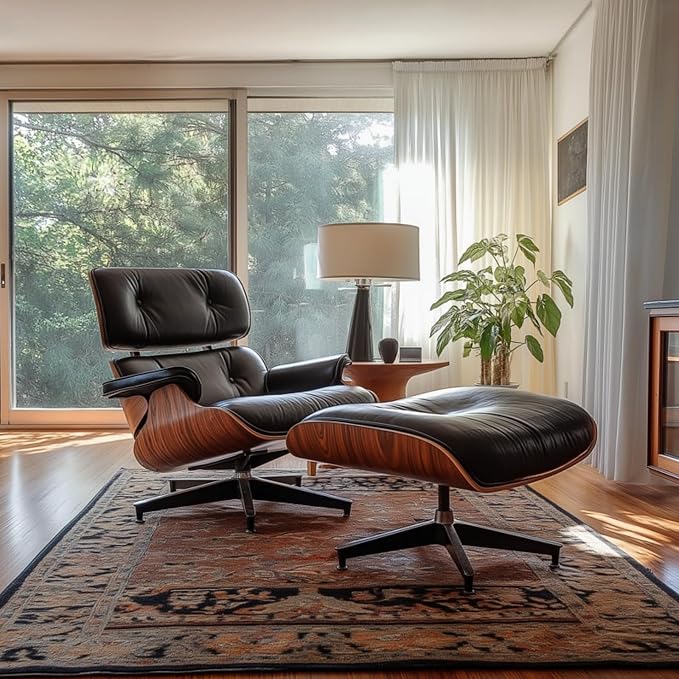 Mid Century Chaise Lounge Chair with Ottoman, Top Black Grain Leather, Modern Office Chair Classic Design, Heavy Duty Base Support for Living Room Study Lounge Office
