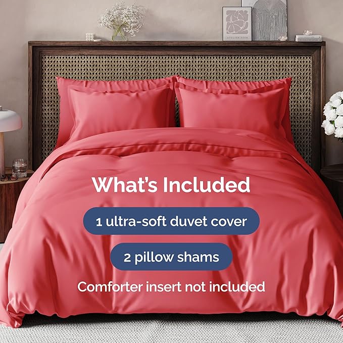 Duvet Cover Queen Size - Extra Soft Queen Size Duvet Cover - Lightweight, Breathable & Cozy - Easy Care & Fade Free with Zipper Closures & Ties - 90" x 90" Inches - (Red) Comforter Not Included