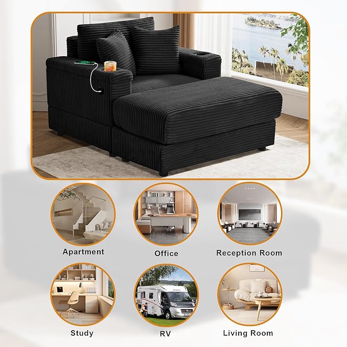 Oversized Chaise Lounge Chair Indoor with USB, Cup Holder & Ottoman, Firm Solid Wood Frame with Long Service Life Corduroy Oversized Lounge Reading Chair for Study Room - Black