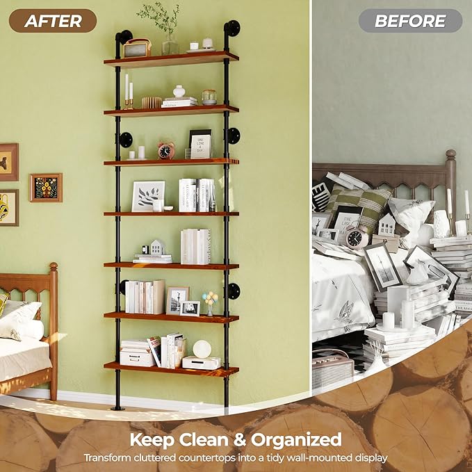 7 Tier Industrial Ladder Shelf Bookcase, Wall Mounted Rustic Bookshelf for Living Room Decor and Storage (Walnut Color, 7 Tier - 10" D x 36" W x 95.5" H)