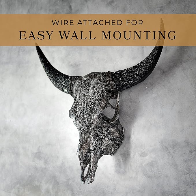 Skull Bliss - Hand-Carved Real Authentic Taxidermy Cow Skull/Bull Skull Wall Decor with Horns/Real Animal Cow Skull Wall Decor (Hand-Carved Horns)