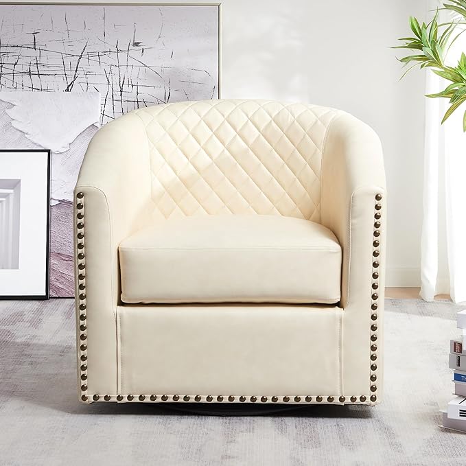 KINWELL 29" Wide Tufted Faux Leather Swivel Barrel Chair, PU Leather Modern Upholstered Accent Chairs with Nailhead Trim, Small Armchair for Living Room Bedroom, Cream