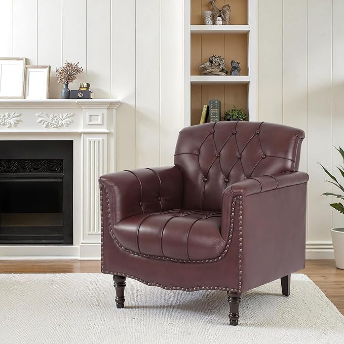 Faux Leather Accent Chair, PU Leather Modern Comfy Upholstered Armchair with Wood Legs & Nailhead Trim for Living Room, Bedroom (Red,Set of 1)