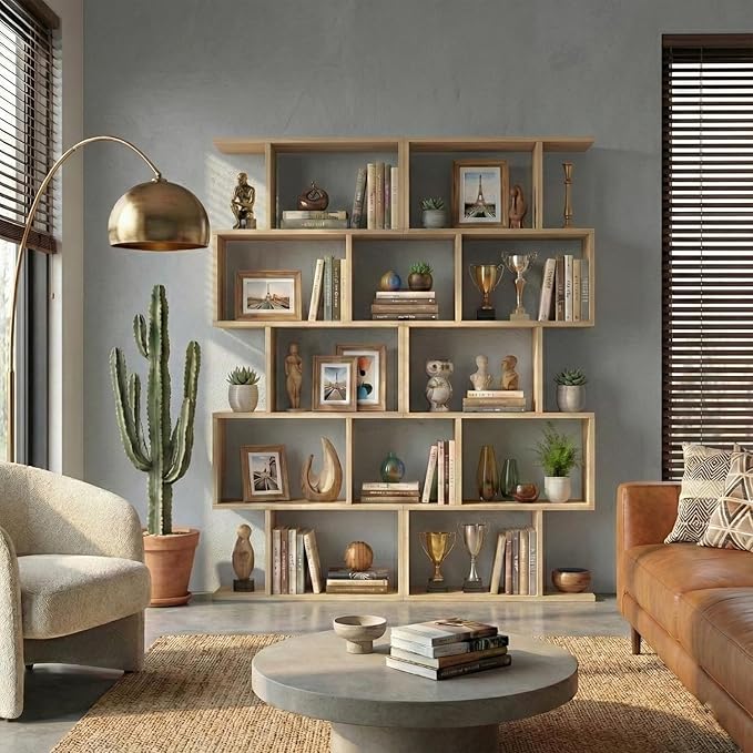 5-Tier Geometric Bookcase (Set of 2), 62.6" Tall S-Shaped Bookshelf & Room Divider, Modern Oak Freestanding Display Shelving Unit for Living Room, Hallway, Home Office