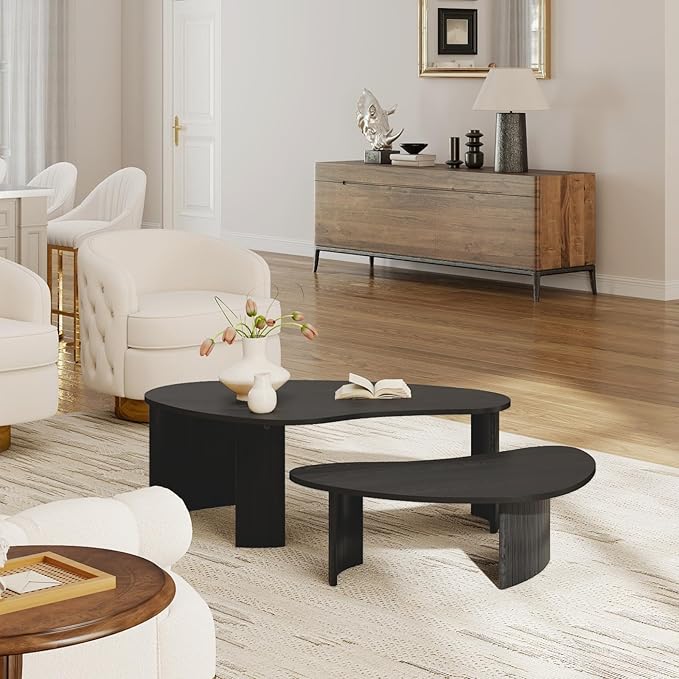 Black Wood Coffee Tables Set of 2 for Living Room, Modern Nesting Center Table with Fluted Solid Rubberwood Legs and Oval Mango Shape for Small Apartment