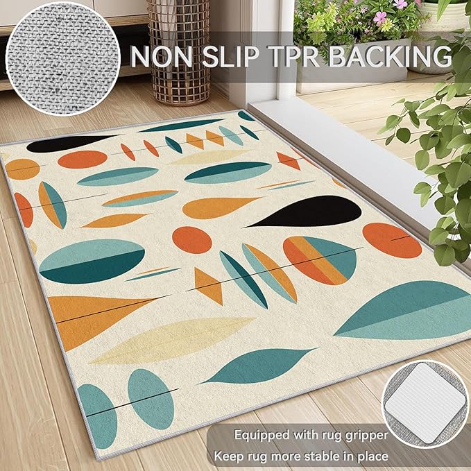 Mid Century Modern Rugs for Living Room 7x7, Retro 50s Geometric Abstract Pattern Design Area Rug, Mid Century Modern Bedroom Decor Carpet, Non Slip, Washable (RG461)
