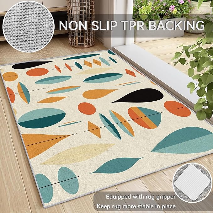 Mid Century Modern Rug 4x6, Washable Geometric Rugs for Living Room Bedroom, Retro Area Rug for Home Decor, Non Slip Backing Floor Carpet with Gripper - 4 x 6 ft