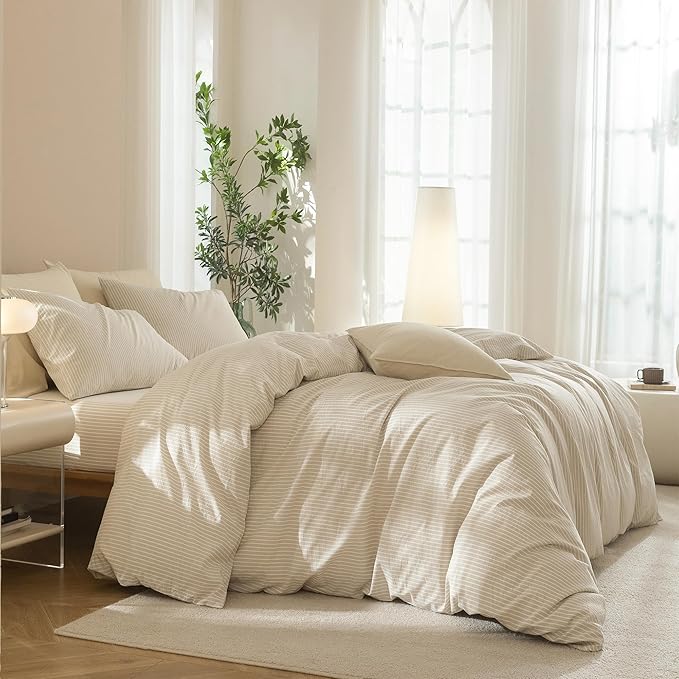 JIYUAN 100% Washed Cotton Striped Duvet Cover Set 3 Pieces Queen, 1 Duvet Cover and 2 Pillowcases(Comforter Not Included),Linen Like Bedding Set Comfy and Breathable,Pinstripes-Heathered Beige White