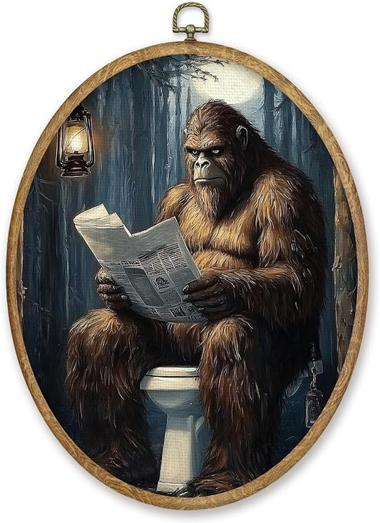CGBHW Funny Orangutan Bathroom Oval Wall Art Decor, Monkey Reading Newspaper on Toilet Canvas Prints Framed, Dark Wall Art Hanging Decor for Home Bedroom Living Room Decorations, 8.6x11.4 Inch
