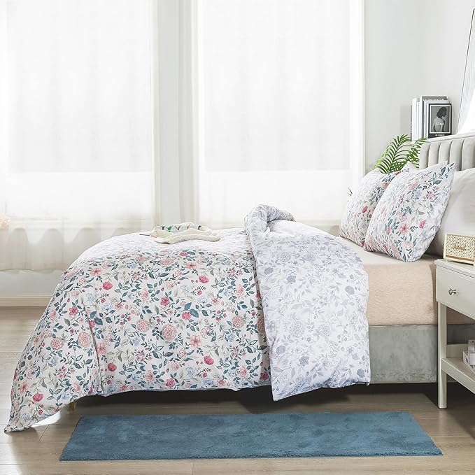 HoneiLife King Size Duvet Cover - Cotton Comforter Cover, Soft & Breathable Floral Bedding Duvet Cover Sets with Zipper Closure & Corner Ties, 3-PC Wildflower Comforter Cover Sets, Carnation