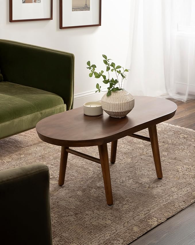 Kate and Laurel Conan Oval Wooden Mid-Century Coffee Table, 38 x 20 x 17, Walnut Brown, Rounded Living Room Table with Solid Mango Wood Construction and Tapered Dowel Legs