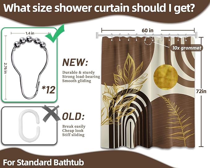 Mid Century Modern Black and Brown Shower Curtain Boho Beige and Dark Tan Gold Shower Curtains for Mens Bathroom Decor Sets, Waterproof Cloth Fabric with Hooks, 60x72in