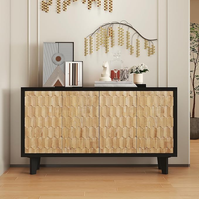 Buffet Cabinet with Storage, Distressed Storage Cabinet with 4 Carved Doors and Adjustable Shelf, Wooden Accent Sideboard Buffet Cabinets for Kitchen, Living Room, Entryway, Black&Natural