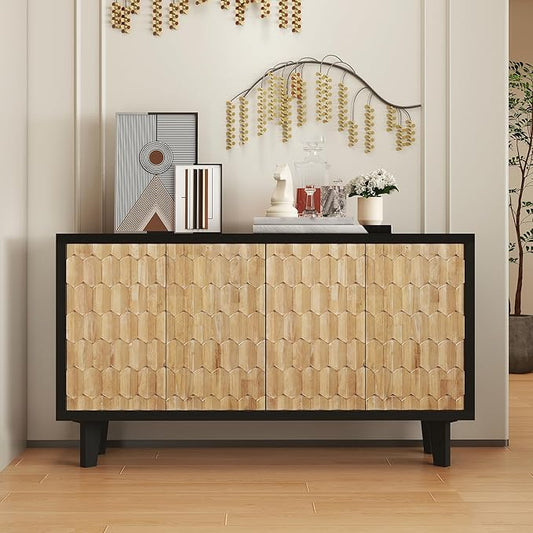 Buffet Cabinet with Storage, Distressed Storage Cabinet with 4 Carved Doors and Adjustable Shelf, Wooden Accent Sideboard Buffet Cabinets for Kitchen, Living Room, Entryway, Black&Natural