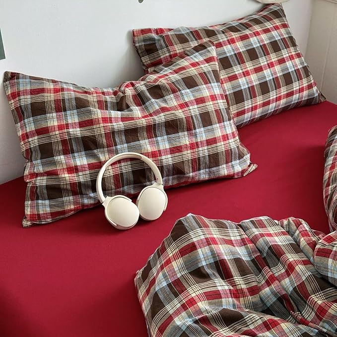 mixinni Vintage Red & Brown Buffalo Plaid Duvet Cover Set Twin XL Size - 3 Piece Washed Cotton Bedding Set with Classic Checkered Pattern, Cozy Farmhouse Duvet Cover with Pillowcases for All Seasons