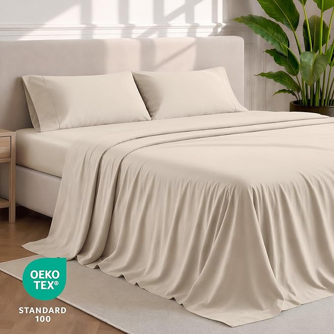 Bare Home Queen Sheet Set - 1800 Ultra-Soft Microfiber Queen Bed Sheets - Double Brushed - Deep Pockets - Easy Fit - 4 Piece Set - Bedding Sheets & Pillowcases (Queen, Sand)