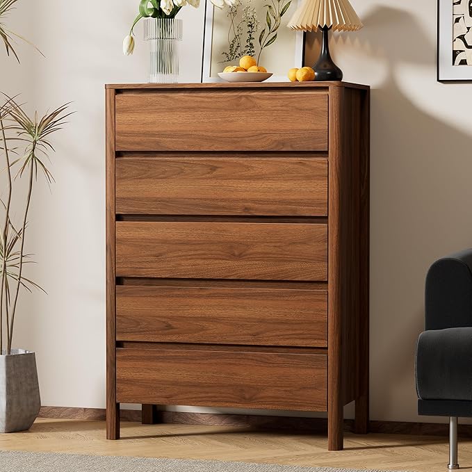 45" Tall Mid-Century Modern Dresser for Bedroom, 5 Drawer Chest of Drawers with Solid Wood Legs, Large Storage Tall Dresser, Walnut