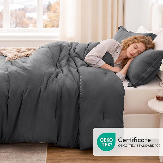 Love's cabin Dark Grey Queen Comforter Set, 3-Piece Prewashed Bed Set with 1 Comforter (90 x 90 in) & 2 Pillowcases, Lightweight & Breathable for All Seasons | Soft