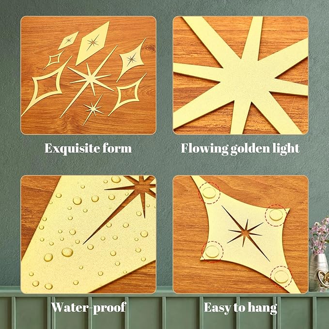 Bnesi 8 Piece Metal Mid Century Modern Wall Art Decor Vintage Style Gold Starburst Metal Wall Art Decor Mid Century Modern Star Bursts Decor for Living Room Bedroom Home Bathroom (Gold)