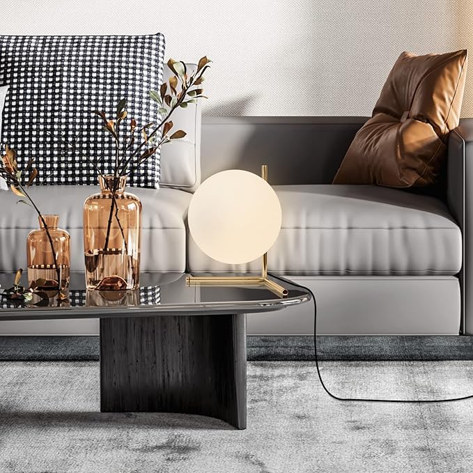 BOKT Mid Century Modern Brass Table Lamp Contemporary Gold Glass Globe Desk Lamp Vintage Bedroom Bedside Reading Lamp Golden Metal Nightstand Lamp for Office Study Room