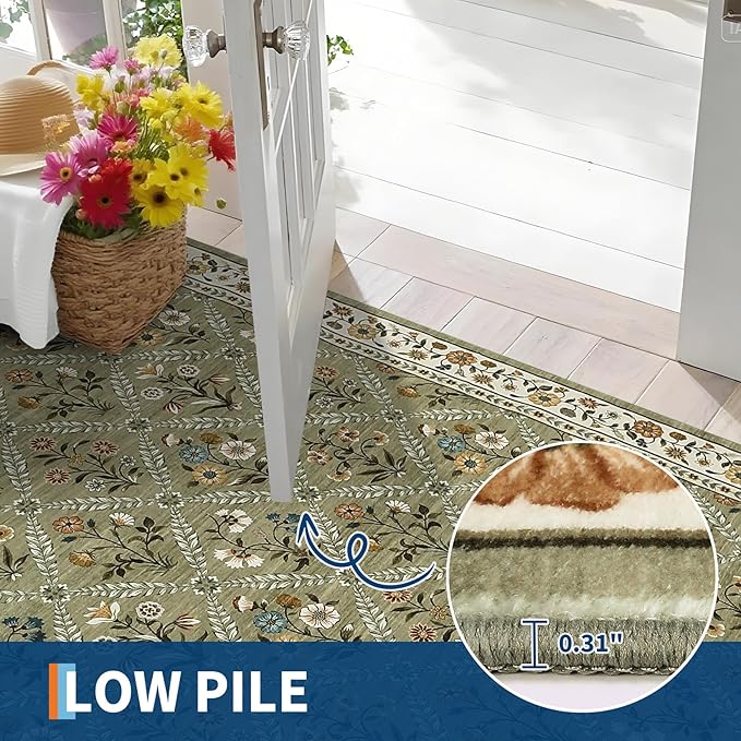 GarveeHome Washable Kitchen Runner 2x6 Non-Slip Floral Carpet Runner for Entryway Indoor Ultra Soft Stain Resistant Long Rugs Farmhouse Floor Mat for Hallways Laundry Bedroom Green