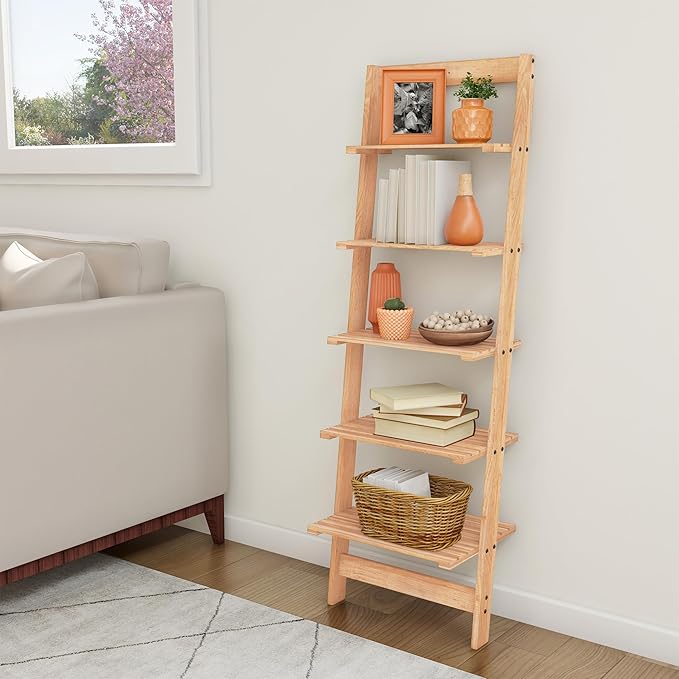 5-Tier Ladder Shelf - 50-Inch Narrow Leaning Bookshelf - Wooden Bookcase for Living Room, Bathroom, Kitchen, Office, or Bedroom Furniture by Lavish Home (Oak)