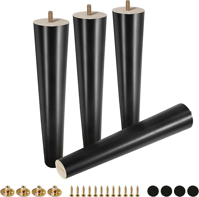 FoDau770 Black Rubber Wood Furniture Legs 12 Inches, Straight Tapered Wood Feet Mid Century Sofa Legs Set of 4, 5/16" UNC Furniture Feet for Cabinet Couch Dresser Chair Ottoman Table