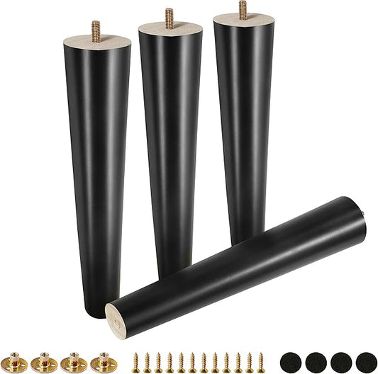FoDau770 Black Rubber Wood Furniture Legs 12 Inches, Straight Tapered Wood Feet Mid Century Sofa Legs Set of 4, 5/16" UNC Furniture Feet for Cabinet Couch Dresser Chair Ottoman Table