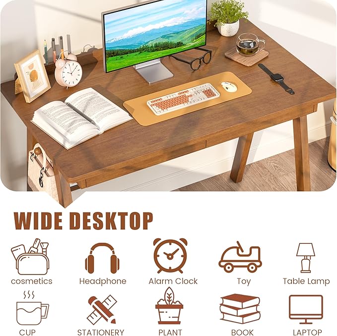 100% Solid Wood Desk with Drawers & Storage Shelf - 40 x 24 Inch Mid Century Modern Desks, Vintage Writing Desk with Deeper Desktop, Home Office Computer Desks for Bedroom & Home-Walnut Color
