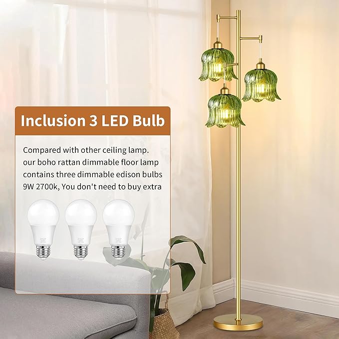 Glass Floor Lamp for Living Room,Bedroom,Mid Century Modern Standing Lamp Brass Tree 3 Light Tall Floor Lamps Vintage Retro Floor Lights Gold Green Flower Lamp Shade Farmhouse Boho Bohemian