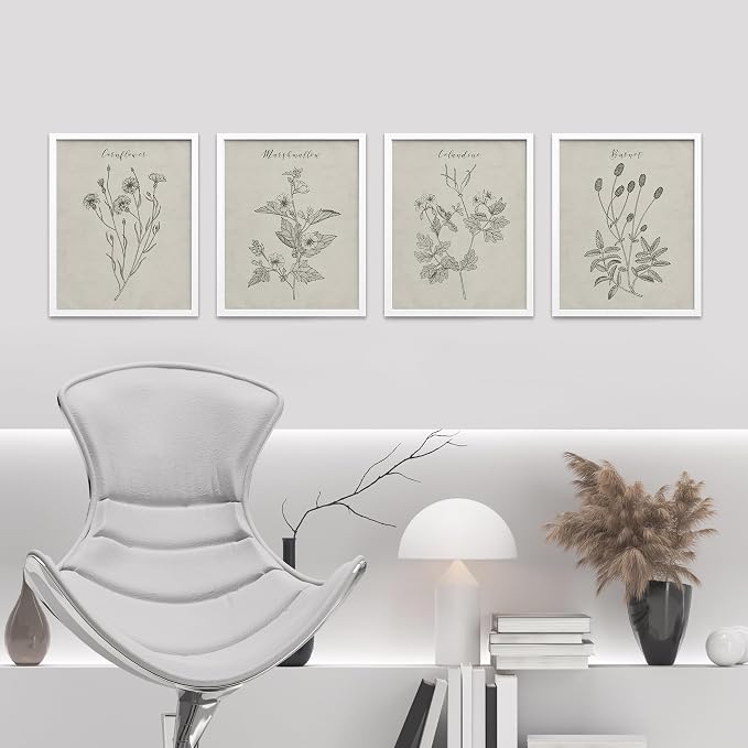 SIGNWIN Framed Vintage Wildflower Wall Art, Set of 4 Plant Collage Drawing Wall Decor Prints, Nature Wilderness Wall D¨¦cor for Living Room, Bedroom - 12"x16" White
