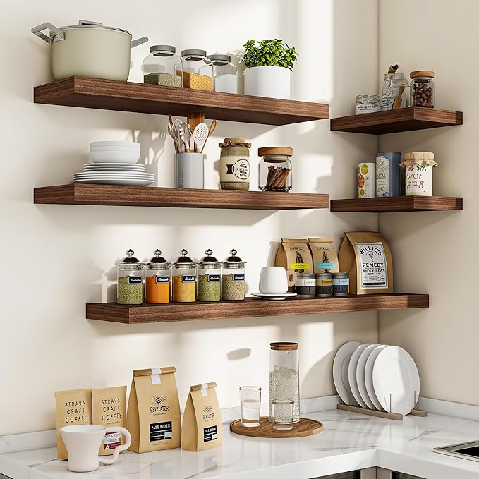 72 Inch Floating Shelves, 3D Textured Wood Grain, 72"x9.25"x1.5" Inch Deep Floating Shelves for Wall, Wooden Shelves for Bathroom, Bedroom, Living Room, Walnut, 1 Piece