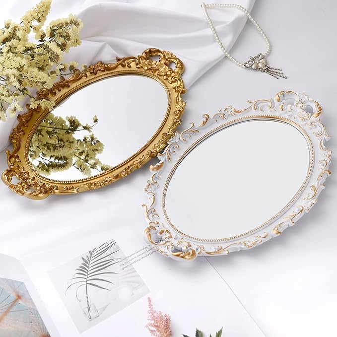 Tstarer 2 Pack - Vintage Decorative Gold Framed Mirror, Wall Hanging Mirrors & Tabletop Tray for Bedroom Living Room Dresser Decor, Oval- 9.6" W x 14.3" L (GOLD-2PACK)